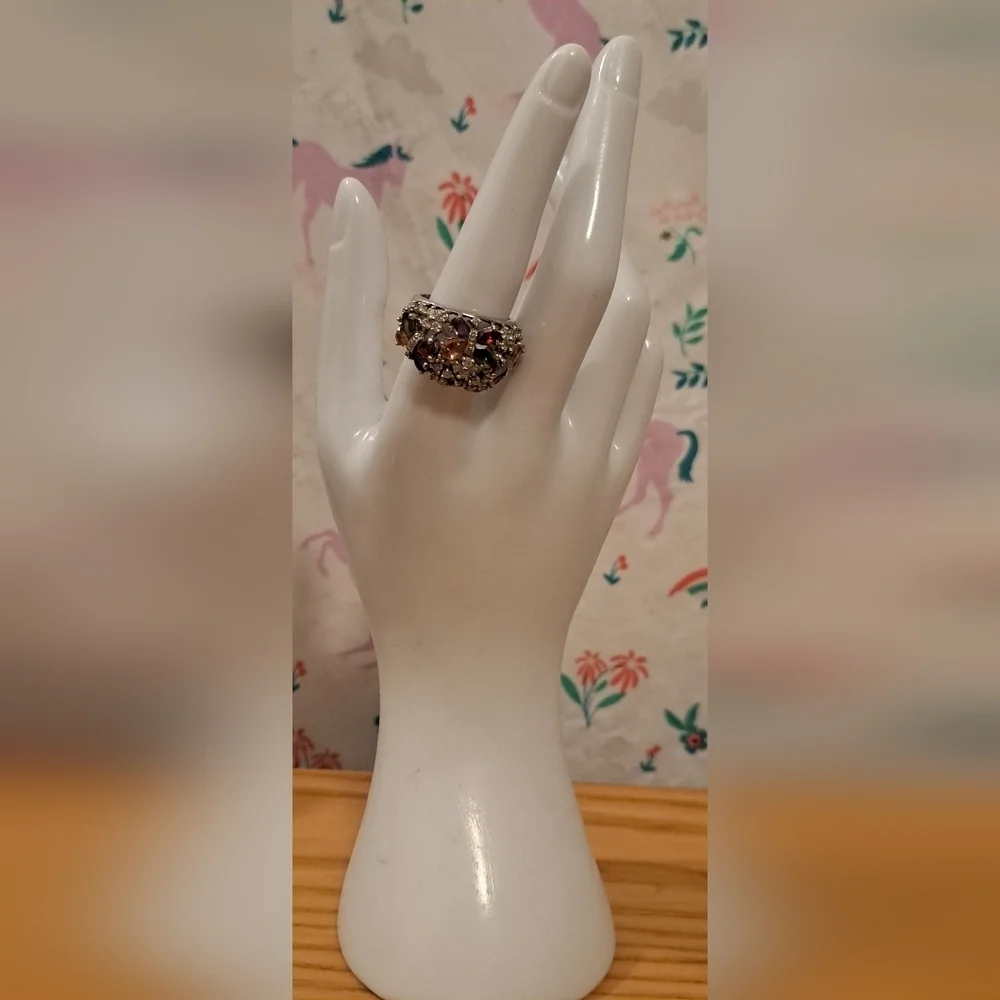 EUC Fortune Jewelers Genuine Silver & Multi Gemstone Butterfly Ring Jewelry SZ 9